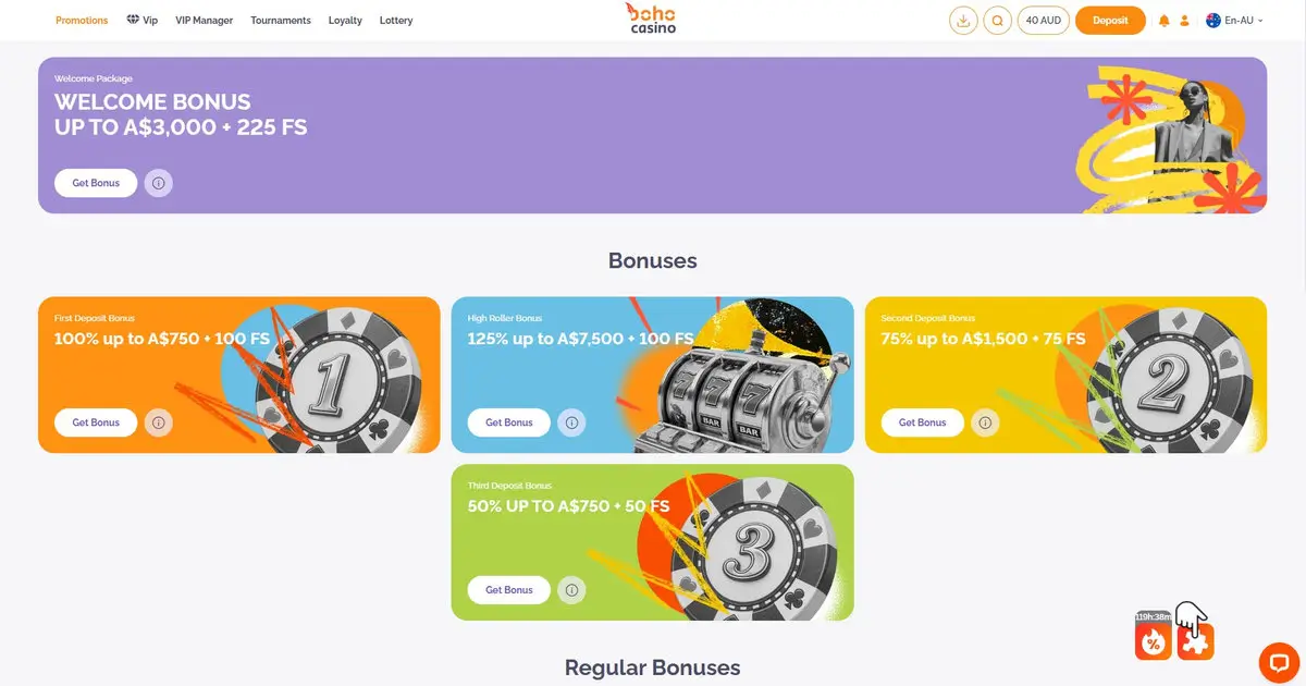 Boho Casino promotions page: Welcome Package up to A$3,000 plus 225 FS, broken into First Deposit Bonus 100% up to A$750 plus 100 FS, Second Deposit Bonus 75% up to A$1,500 plus 75 FS, Third Deposit Bonus 50% up to A$750 plus 50 FS, and a separate High Roller Bonus 125% up to A$7,500 plus 100 FS. The balance shows A$40 and the language is set to En-AU. Captured July 2026.