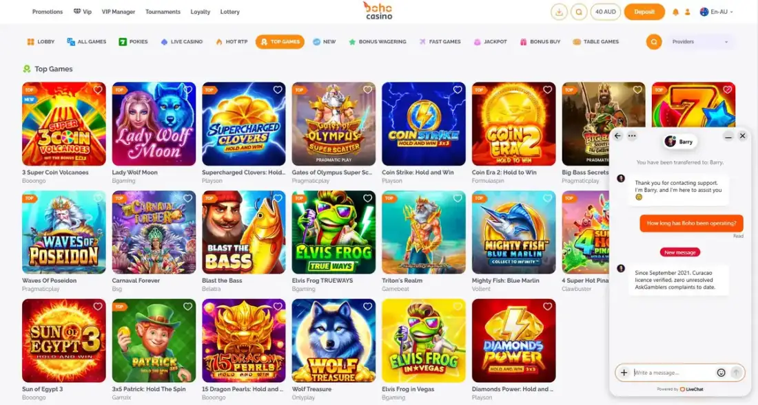 Boho Casino live-chat exchange: asked how long Boho has been operating, support agent Barry replies that it has run since September 2021, with the Curacao licence verified and, in his words, zero unresolved AskGamblers complaints to date. Captured July 2026.