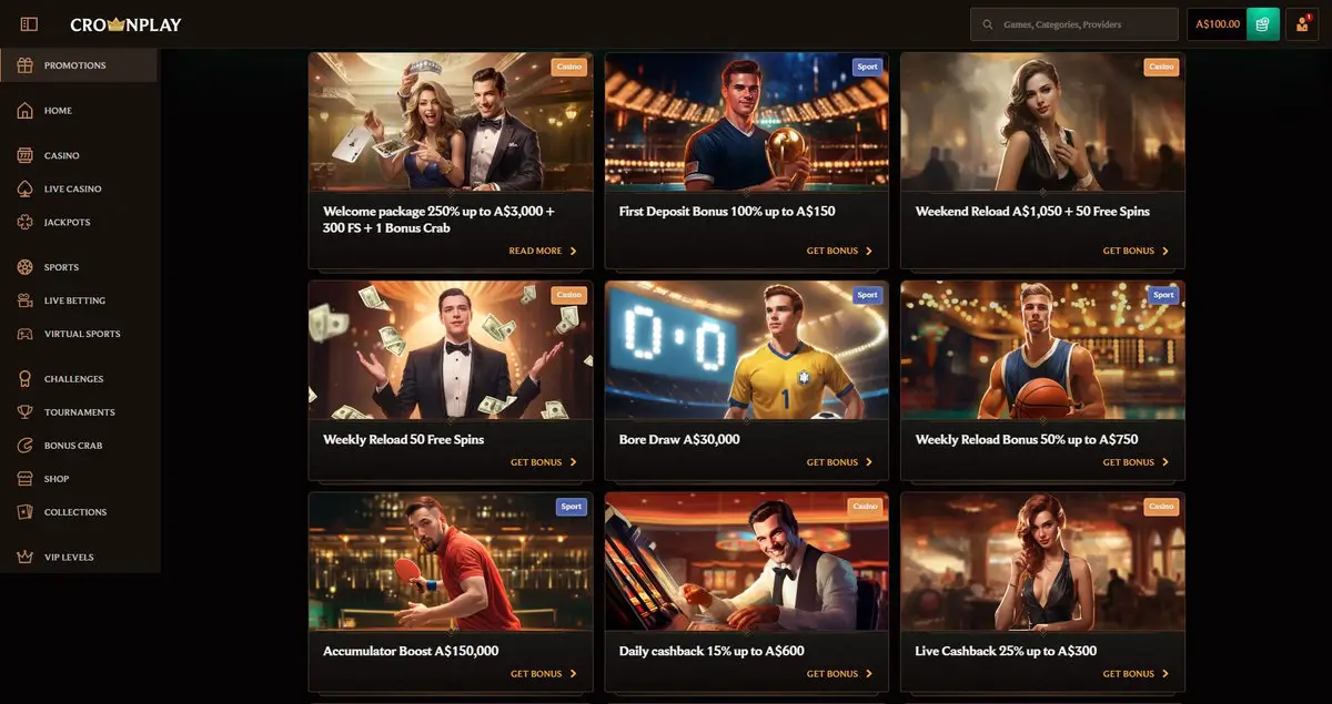 CrownPlay promotions page showing the Welcome package 250% up to A$3,000 plus 300 free spins plus 1 Bonus Crab, a Weekend Reload A$1,050 plus 50 free spins, Weekly Reload 50 free spins, Weekly Reload Bonus 50% up to A$750, Daily cashback 15% up to A$600, Live Cashback 25% up to A$300, plus sports offers Bore Draw A$30,000 and Accumulator Boost A$150,000. Captured July 2026.
