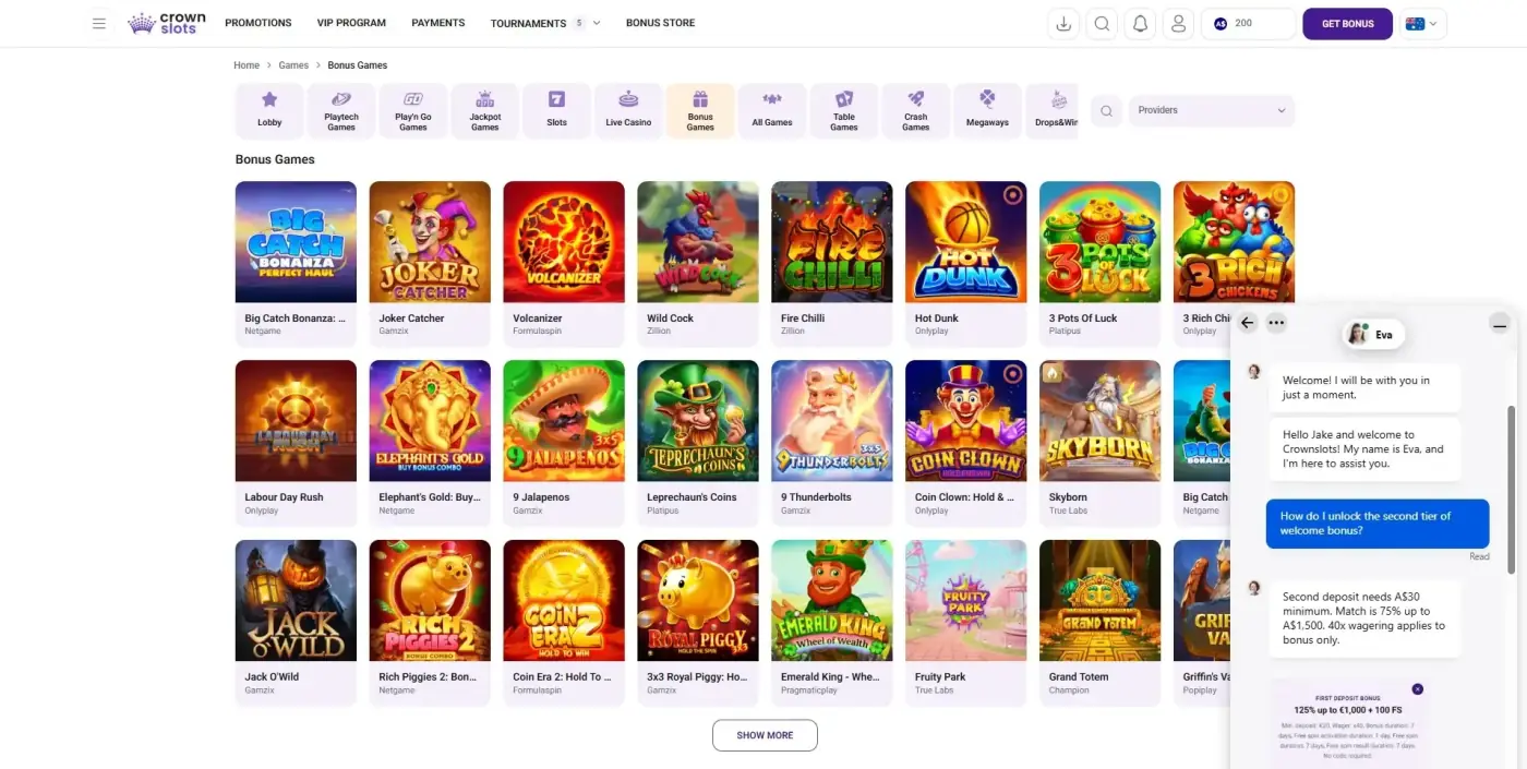 Crownslots live-chat exchange: agent Eva welcomes the visitor and, asked how to unlock the second tier of the welcome bonus, replies that the second deposit needs an A$30 minimum, the match is 75% up to A$1,500, and 40x wagering applies to bonus only. The lobby behind shows the Bonus Games tab with titles from Netgame, Gamzix, Onlyplay and Platipus. Captured July 2026.