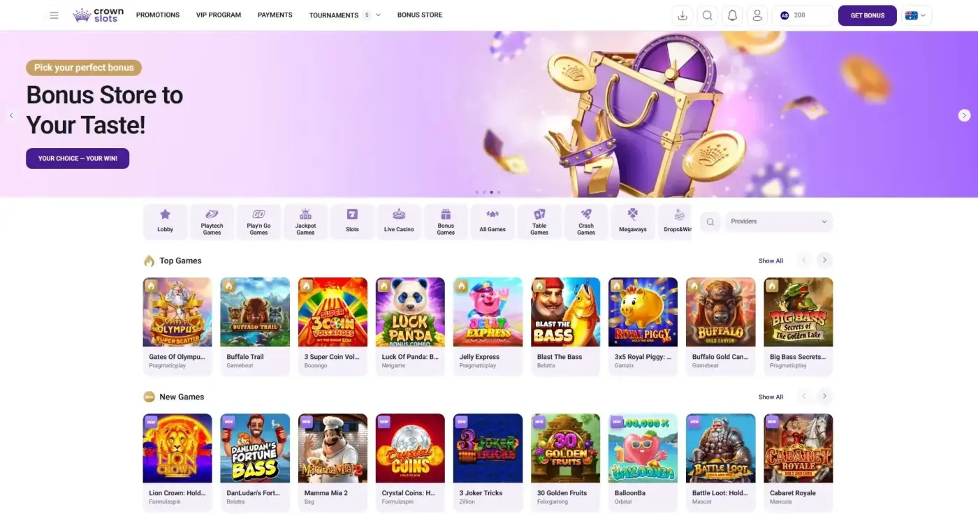 Crownslots lobby on a light purple interface showing Top Games including Gates of Olympus Super Scatter, Jelly Express and Big Bass Secrets (Pragmatic Play), Buffalo Trail and Buffalo Gold Canyon (Gamebeat), 3 Super Coin Volcanoes (Booongo), Luck of Panda (Netgame), Blast the Bass (Belatra) and 3x5 Royal Piggy (Gamzix), with New Games below including Lion Crown, DanLudan's Fortune Bass, 30 Golden Fruits and Cabaret Royale. Studio tabs for Playtech Games and Play'n GO Games sit in the top navigation. Captured July 2026.