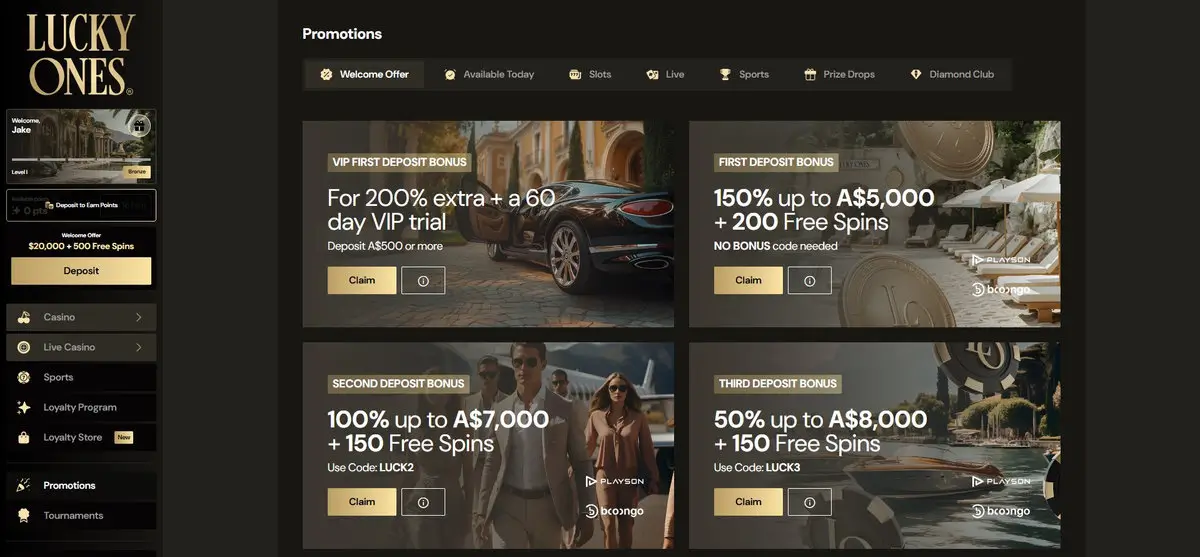 Lucky Ones promotions page, Welcome Offer tab: First Deposit Bonus 150% up to A$5,000 plus 200 free spins with no bonus code needed, Second Deposit Bonus 100% up to A$7,000 plus 150 free spins (code LUCK2), Third Deposit Bonus 50% up to A$8,000 plus 150 free spins (code LUCK3), and a separate VIP First Deposit Bonus for 200% extra plus a 60-day VIP trial on deposits of A$500 or more. Sidebar shows the A$20,000 + 500 Free Spins welcome offer. Captured July 2026.