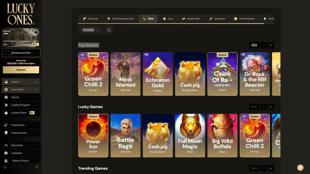 Lucky Ones lobby in the Slots filter showing Top Games and Lucky Games: Green Chilli 2 and Power Sun (Booongo), Most Wanted, Battle Rage and Dr. Rock and the Riff Reactor (TRUE LABS), Echnaton Gold (Popiplay), Cash pig (Booming Games), Coins of Ra Hold and Win (BetSoft), and Full Moon Magic and Big Wild Buffalo (Belatra), with the Diamond Club VIP tab visible in the top nav. Captured July 2026.