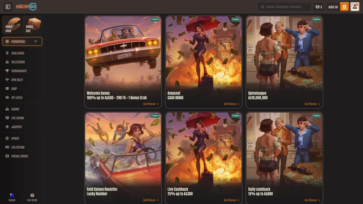 Neon54 promotions page: the Welcome bonus tile reads 100% up to A$500 plus 200 free spins plus 1 Bonus Crab, with the Spinoleague A$18,000,000 tournament, an Amusnet Cash Bomb promo, Live Cashback 25% up to A$300 and Daily cashback 15% up to A$600 running alongside. The left nav shows Bonus Crab, Bonus Dice, Promotions, Challenges, Collections, Tournaments, Spin Rally, Shop and VIP Levels. Captured July 2026.