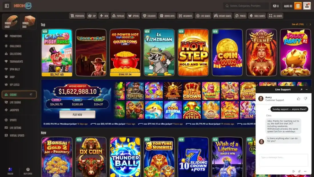 Neon54 live-support window over the Top lobby: the player asks whether anyone is available for Sunday support, and the agent replies that live chat is staffed 24/7 including weekends and that withdrawals process the same speed Saturday and Sunday as on weekdays. A live Wonderpot progressive jackpot above A$1.6M is visible behind the chat. Captured July 2026.