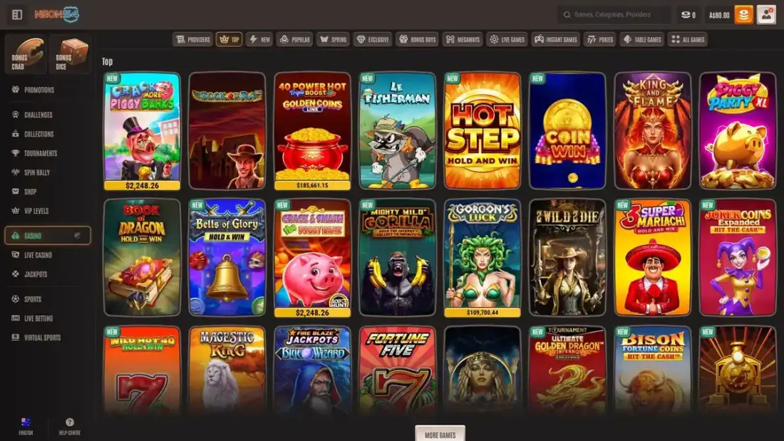 Neon54 lobby in the Top filter showing over 730 games: Crack More Piggy Banks and Piggy Party XL (Pragmatic Play), Book of Ra (Greentube), 40 Power Hot Triple Boost Golden Coins showing a A$185,661 jackpot (EGT), Le Fisherman, Hot Step Hold and Win, Coin Win, King and Flame, Book of Dragon Hold and Win (Spinomenal), Bells of Glory, Mighty Wild Gorilla, Gorgon's Luck with a A$109,700 jackpot, Fire Blaze Jackpots Blue Wizard (Playtech), Fortune Five and Ultimate Golden Dragon. Captured July 2026.