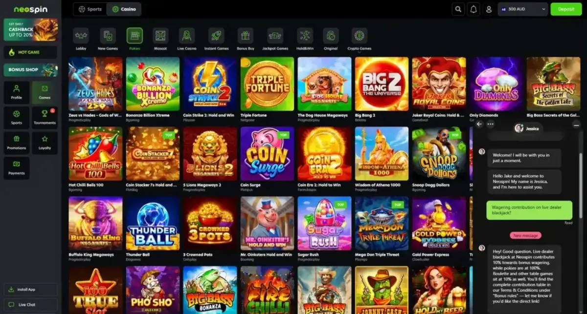Neospin live-chat exchange: an agent confirms that live-dealer blackjack contributes 10% toward bonus wagering, pokies contribute 100%, and roulette and other table games sit at 10%, with the full contribution table in the Bonus Rules section of the Terms and Conditions. Captured July 2026.