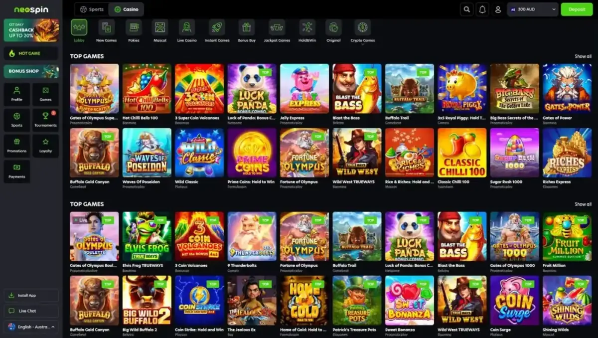 Neospin game lobby: the Top Games grid with Gates of Olympus, Sugar Rush 1000, Buffalo Trail, Wild West TRUEWAYS, Big Bass Secrets and more, from providers including Pragmatic Play, Booming Games, Belatra, Gamebeat and Booongo, across Lobby, Pokies, Live Casino and Crypto Games tabs. Captured July 2026.