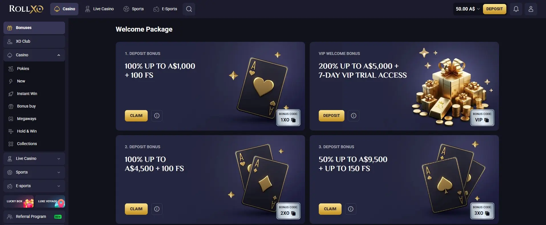 RollXO Welcome Package page: 1st Deposit Bonus 100% up to A$1,000 plus 100 free spins (code 1XO), 2nd Deposit Bonus 100% up to A$4,500 plus 100 free spins (code 2XO), 3rd Deposit Bonus 50% up to A$9,500 plus up to 150 free spins (code 3XO), and a separate VIP Welcome Bonus 200% up to A$5,000 plus 7-day VIP trial access (code VIP). The left nav shows Bonuses, XO Club and the Casino, Live Casino, Sports and E-sports sections. Captured July 2026.
