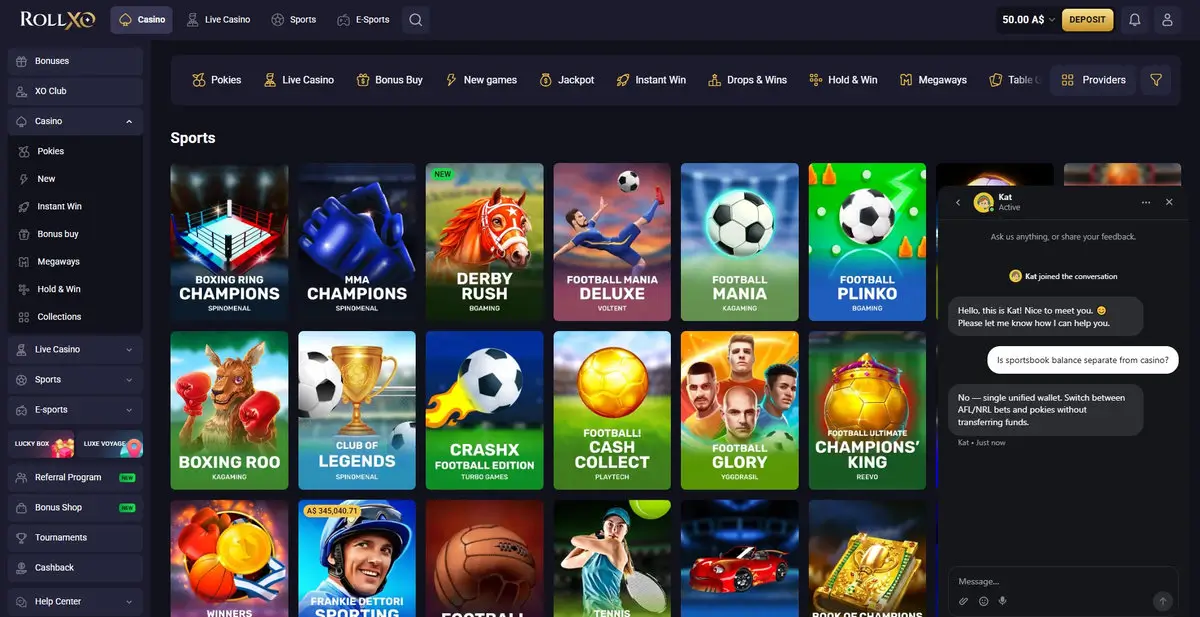 RollXO live-chat window over the Sports-themed pokies lobby: the player asks whether the sportsbook balance is separate from the casino, and the agent replies no, it is a single unified wallet, so you can switch between AFL and NRL bets and pokies without transferring funds. Captured July 2026.