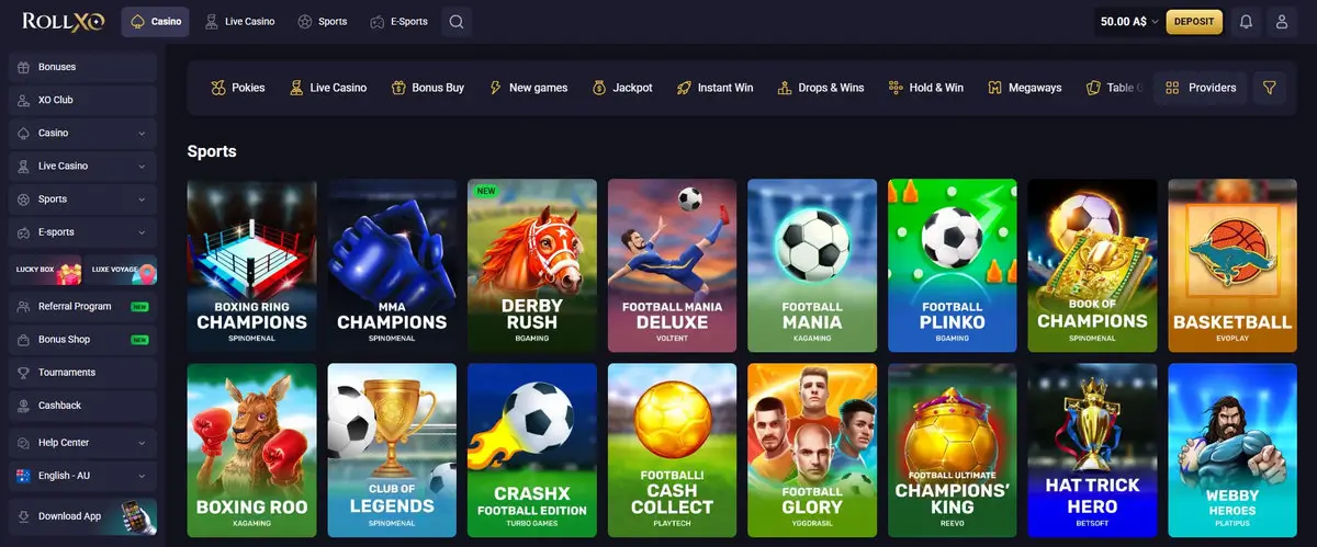 RollXO casino lobby in the Sports filter, showing sport-themed pokies: Boxing Ring Champions and MMA Champions (Spinomenal), Derby Rush and Football Mania (BGaming), Football Mania Deluxe (Voltent), Football Plinko and Boxing Roo (Kagaming), Basketball (Evoplay), CrashX Football Edition (Turbo Games), Football Cash Collect (Playtech), Football Glory (Yggdrasil), Football Ultimate Champions King (Reevo), Hat Trick Hero (Betsoft) and Webby Heroes (Platipus). Captured July 2026.