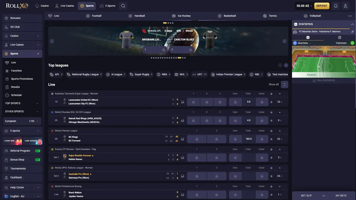 RollXO sportsbook: a featured AFL match, Brisbane Lions versus Carlton Blues, two days out, with top leagues listed as AFL (9 markets), National Rugby League (8), A-League (2), Super Rugby (4), NBA (4), NHL (3), UFC (20), Indian Premier League (8) and NBL (2). Live markets are running across women's basketball, NHL, tennis, volleyball and boxing, with a live statistics side panel. Captured July 2026.