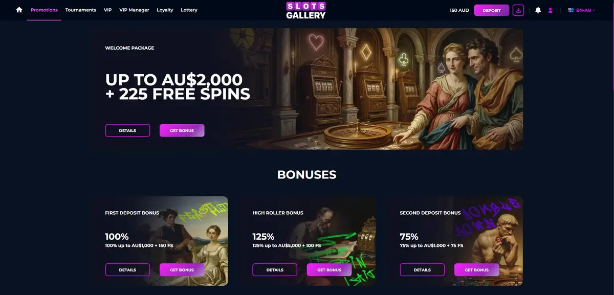 Slots Gallery promotions page showing the Welcome Package up to AU$2,000 plus 225 free spins, made up of a First Deposit Bonus 100% up to AU$1,000 plus 150 free spins and a Second Deposit Bonus 75% up to AU$1,000 plus 75 free spins, with a separate High Roller Bonus 125% up to AU$5,000 plus 100 free spins. Captured July 2026.