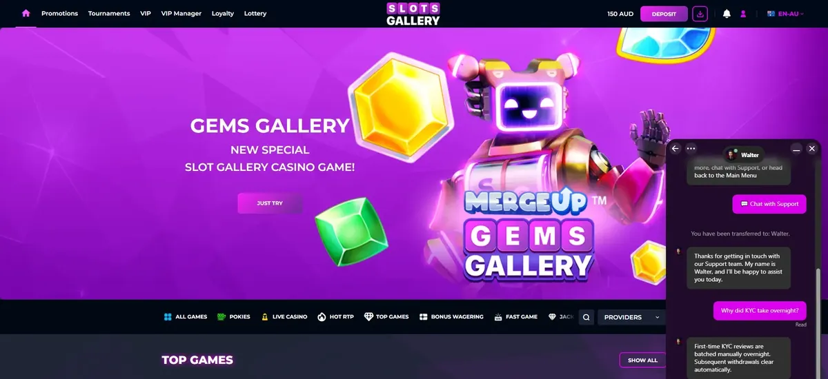 Slots Gallery live-chat window with agent Walter answering the question why did KYC take overnight, stating that first-time KYC reviews are batched manually overnight and that subsequent withdrawals clear automatically. Captured July 2026.