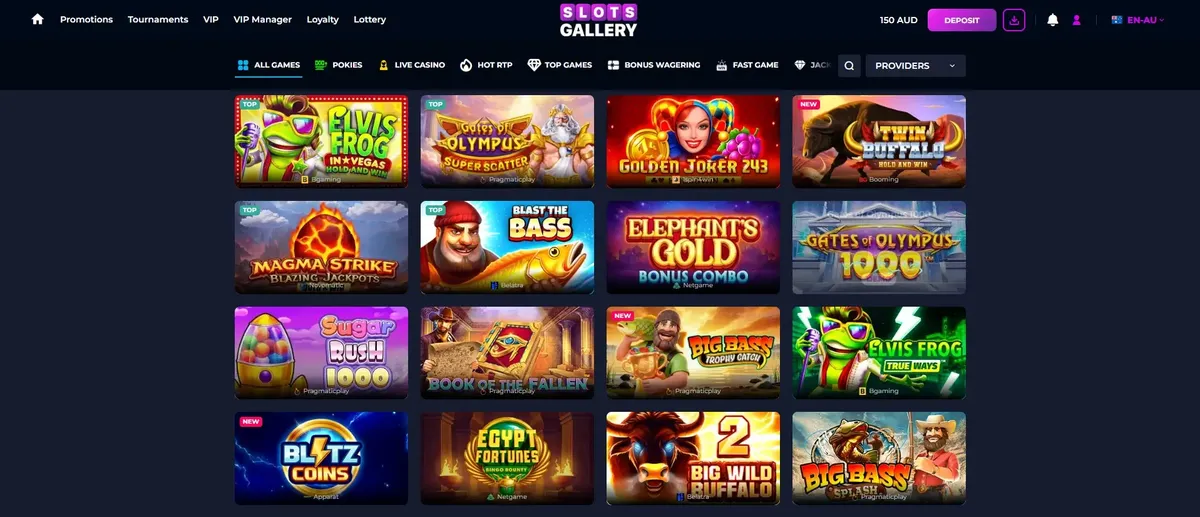 Slots Gallery game lobby showing top titles including Elvis Frog in Vegas, Gates of Olympus Super Scatter, Twin Buffalo, Magma Strike Blazing Jackpots, Blast The Bass, Sugar Rush 1000, Book of the Fallen and Big Bass Splash, from providers Pragmatic Play, BGaming, Booming, Belatra, Netgame and Apparat, with tabs for All Games, Pokies, Live Casino and Hot RTP. Captured July 2026.