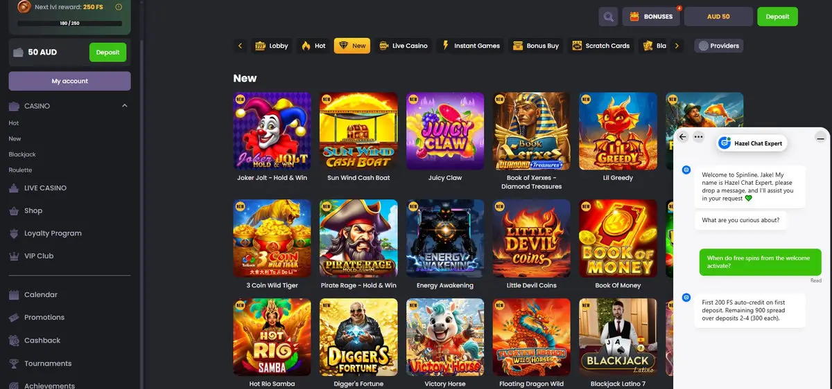 Spinline live-chat window with agent Hazel confirming that the first 200 free spins auto-credit on the first deposit and the remaining 900 are spread over deposits two to four at 300 each, totalling 1,100 free spins, over the New games lobby. Captured July 2026.