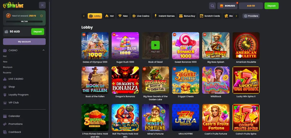 Spinline game lobby showing top titles including Gates of Olympus 1000, Sugar Rush 1000, Book of Dead, Sweet Bonanza 1000, Big Bass Splash, American Roulette, Book of the Fallen, Dragon's Bonanza, Big Bass Secrets of the Golden Lake, 3 Egypt Chests, WildStock and Lucky Win Spins X, with a loyalty progress bar reading 180 of 250 toward the next reward. Captured July 2026.