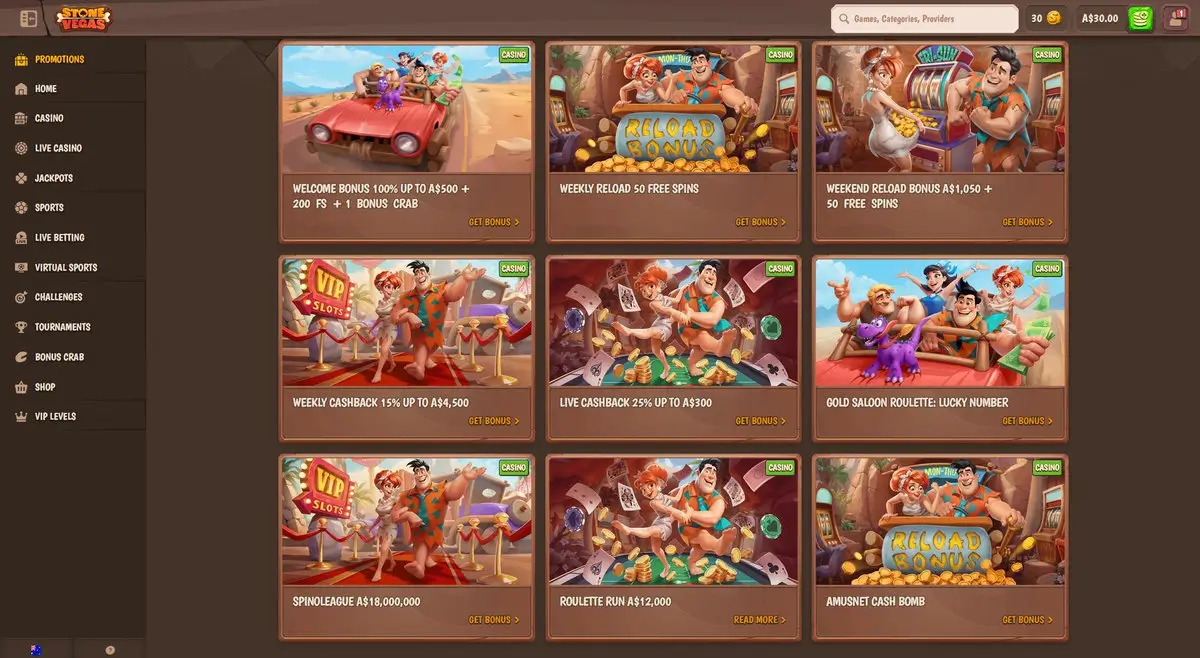 Stonevegas promotions page showing the Welcome Bonus 100% up to A$500 plus 200 free spins plus 1 Bonus Crab, alongside Weekly Reload 50 free spins, Weekend Reload A$1,050 plus 50 free spins, Weekly Cashback 15% up to A$4,500, Live Cashback 25% up to A$300, and tournaments including Spinoleague A$18,000,000 and Roulette Run A$12,000. Captured July 2026.