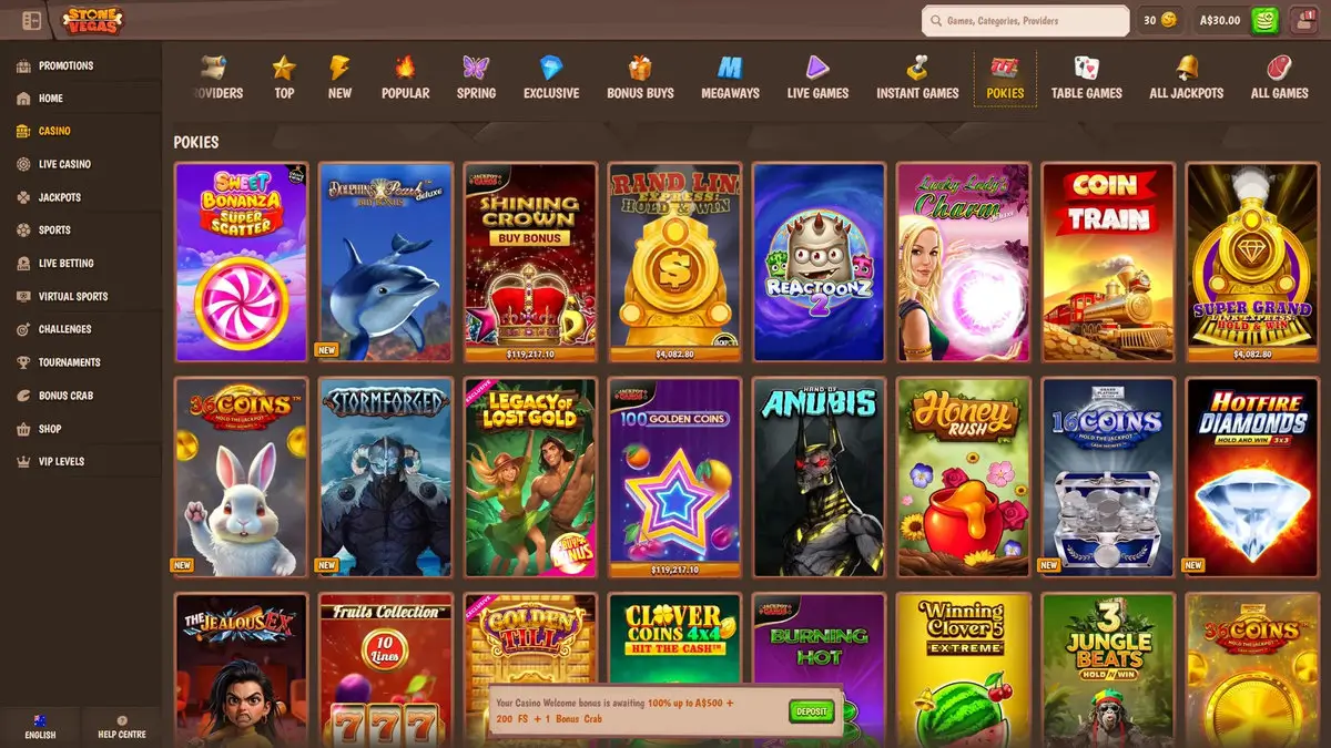 Stonevegas Pokies lobby showing Sweet Bonanza Super Scatter, Dolphin's Pearl Deluxe, Shining Crown, Grand Link, Reactoonz 2, Lucky Lady's Charm, Coin Train, Super Grand, 36 Coins, Stormforged, Legacy of Lost Gold, 100 Golden Coins, Anubis and Honey Rush, with a pinned welcome banner reading 100% up to A$500 plus 200 free spins plus 1 Bonus Crab. Captured July 2026.